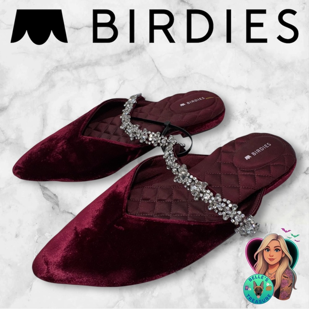 Birdies Women's 7.5 The Swan Wine Velvet Mule Flats Crystal Bracelet Strap‎ Red